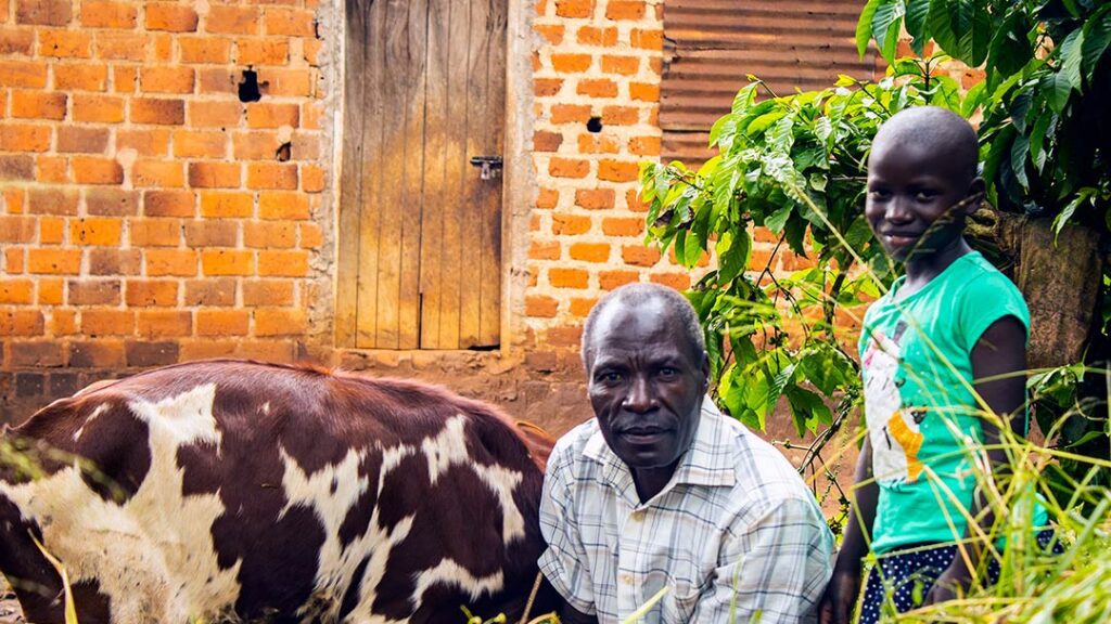 A girl and her grandfather pose with a calf