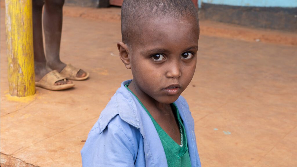 Young school boy looking into the camera outside the school building