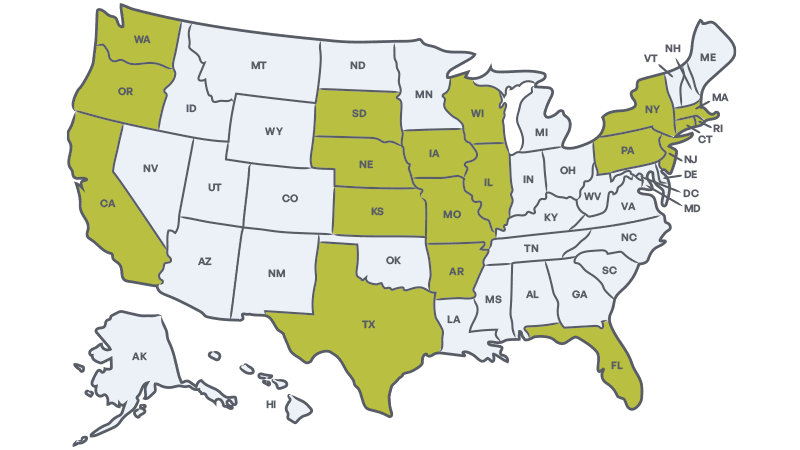 Map of states where Hong Kong adoption can take place through Holt International