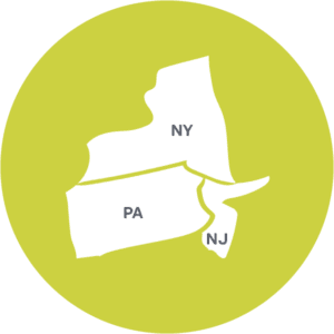 Map of New York, New Jersey, and Pennsylvania in a green circle for Holt Northeast Branch